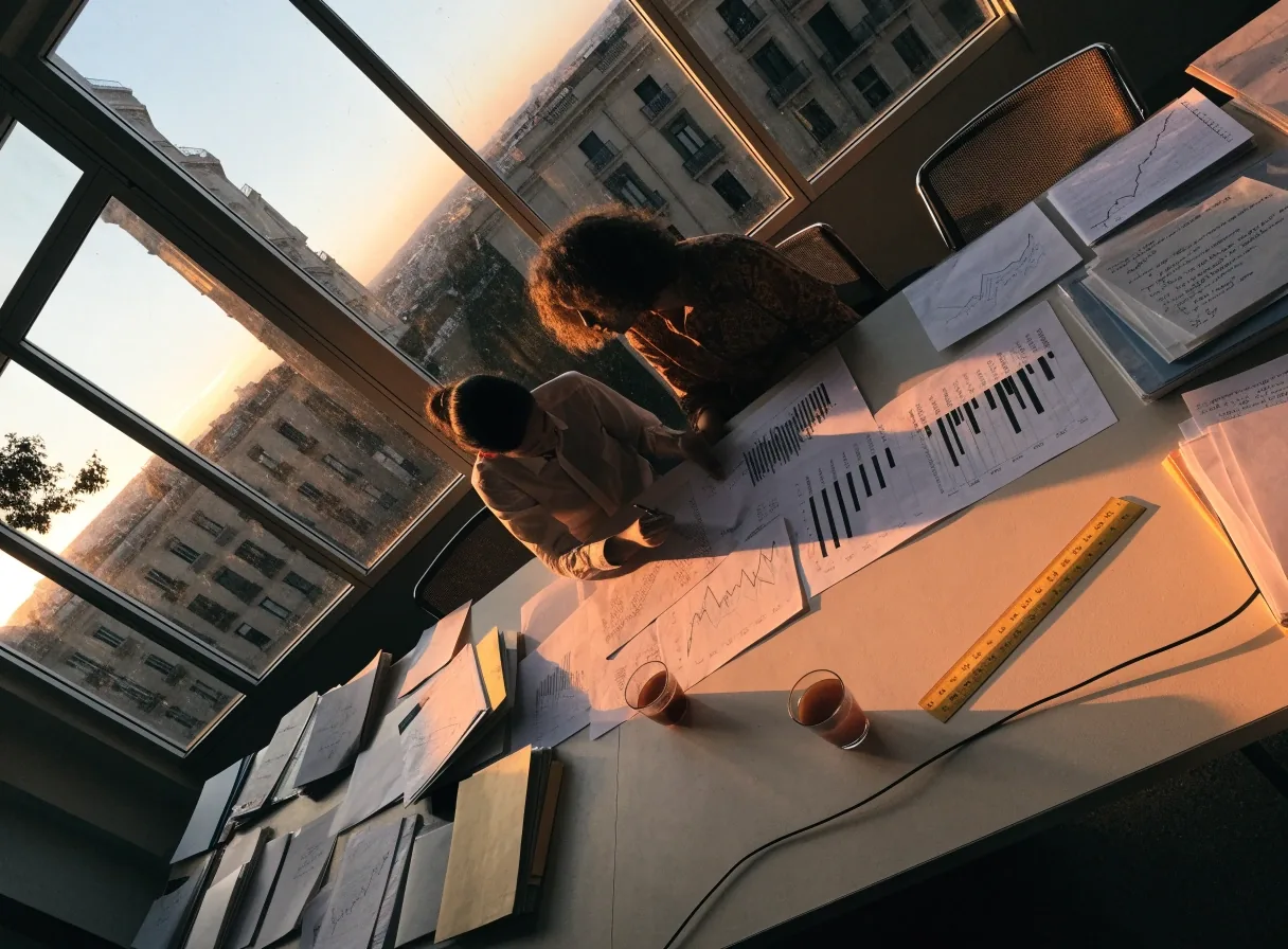 Dos personas comparando gráficos de población en una sala de trabajo estadístico