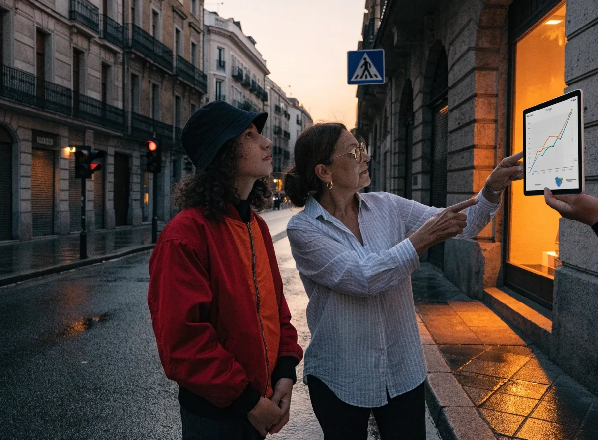 Esquina de una calle de Madrid al anochecer, con el pavimento húmedo reflejando luces de escaparates