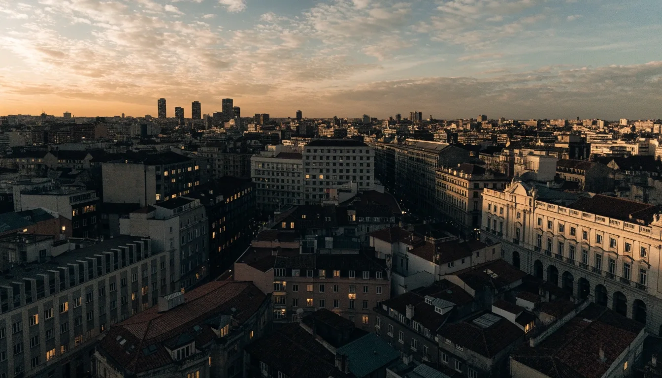 Vista de tejados y edificios de Madrid al atardecer desde una altura cercana al centro