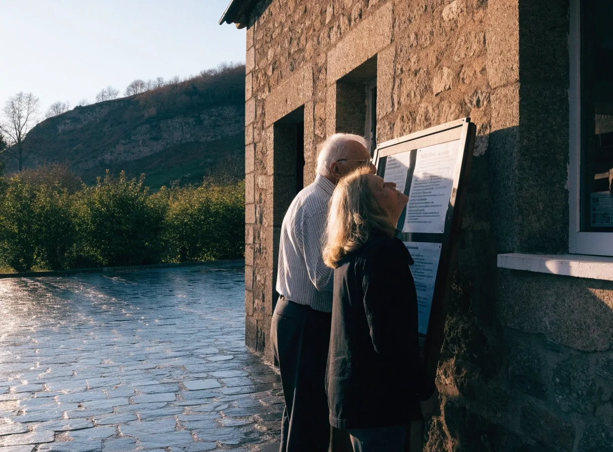 Dos personas de distintas edades consultando juntas información en el exterior de un ayuntamiento en el interior de Galicia