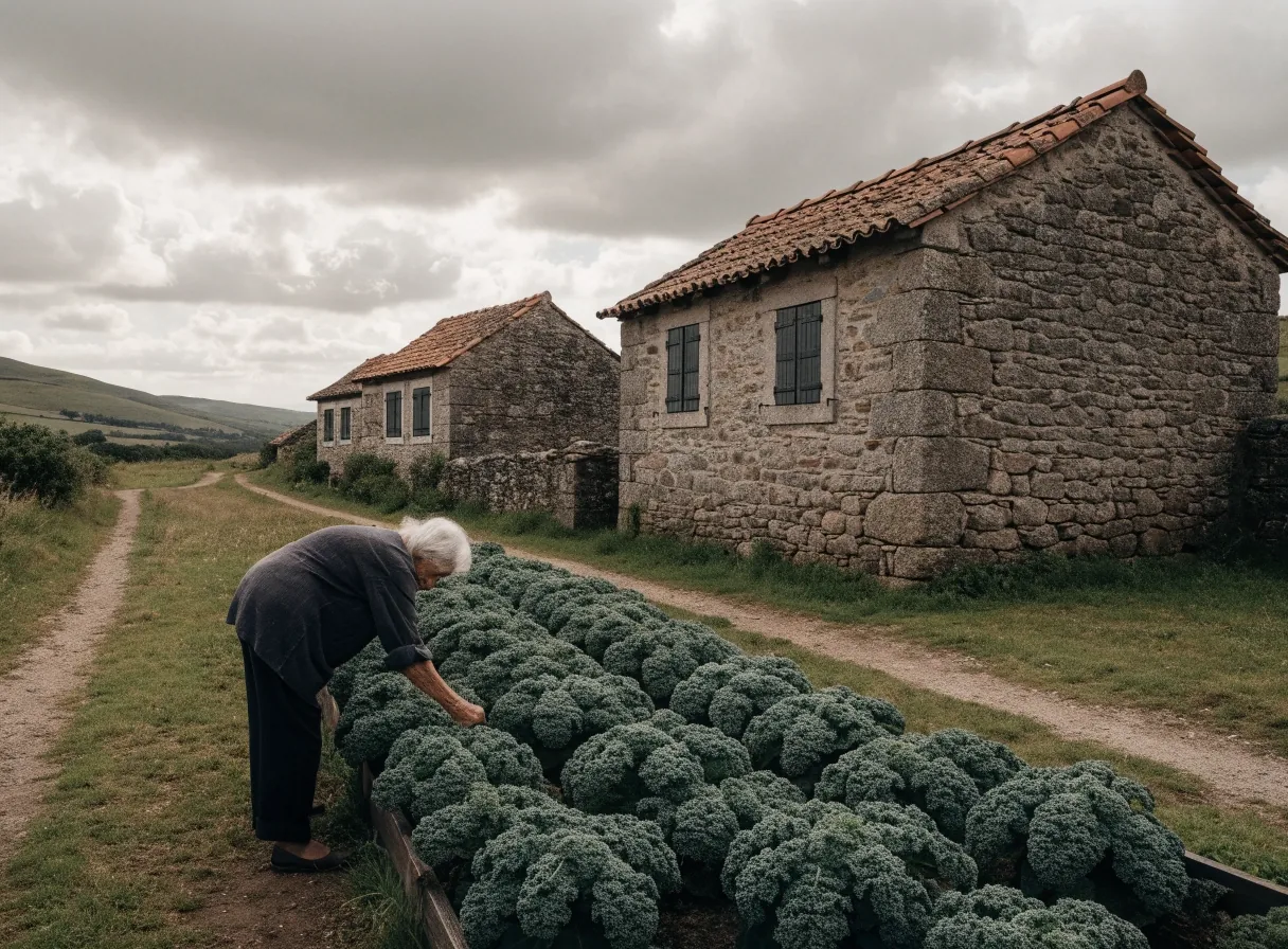 Mujer mayor cuidando un huerto junto a una casa de piedra en una aldea del interior de Galicia