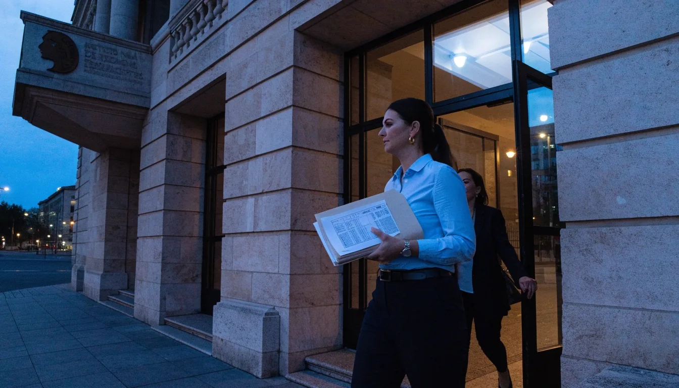 Demógrafa revisando tablas de población impresas junto a una compañera en una oficina de estadística en Madrid