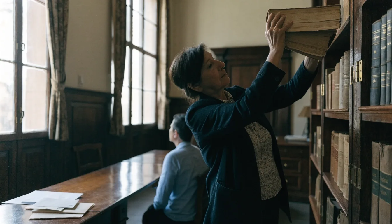 Sala de lectura de una biblioteca pública con una estudiante trabajando bajo la lámpara y una mujer leyendo el periódico