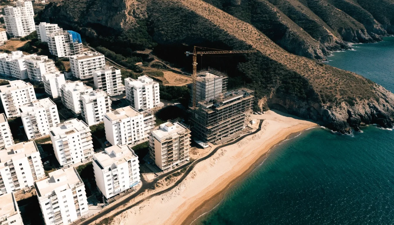 Vista de un barrio denso de gran ciudad con bloques de viviendas y una grúa al fondo