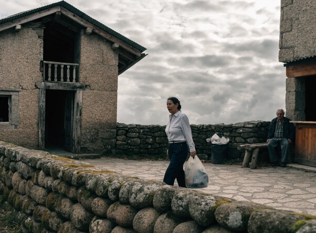 Calle de granito en un municipio del interior de Galicia con vecinos conversando a la puerta