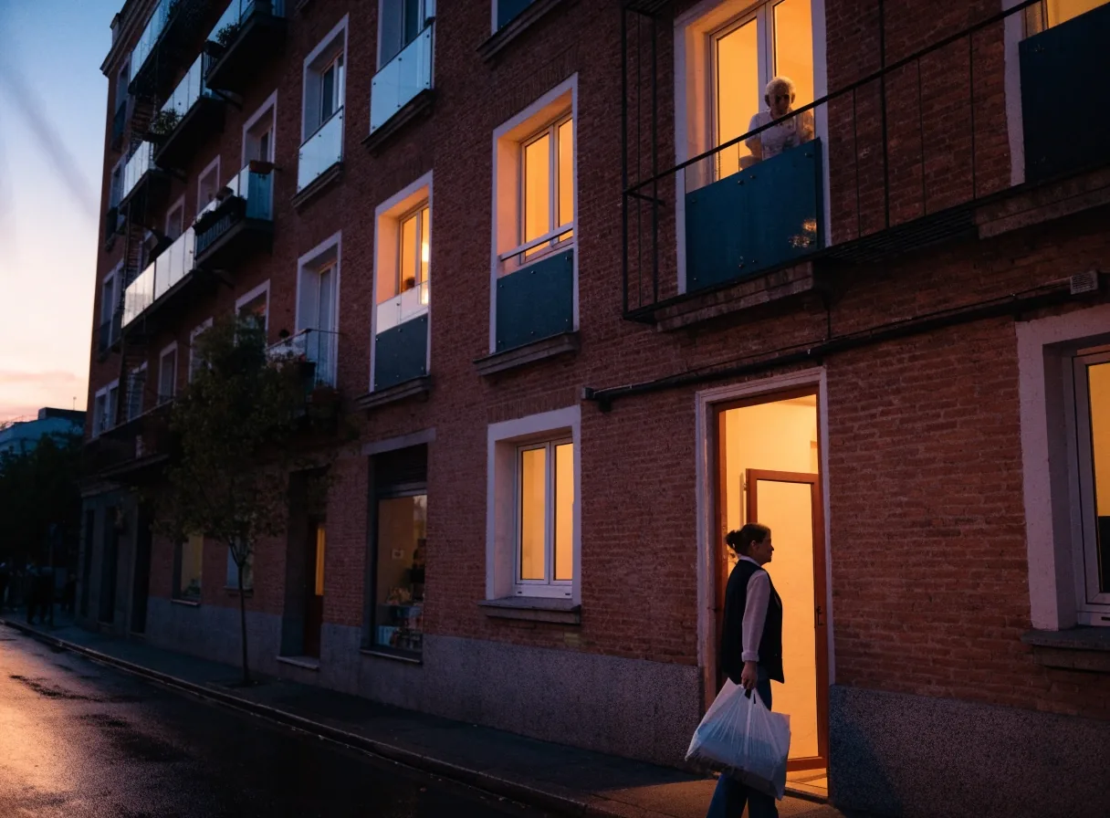 Calle céntrica de Madrid con edificios residenciales y vecinos caminando al final de la tarde