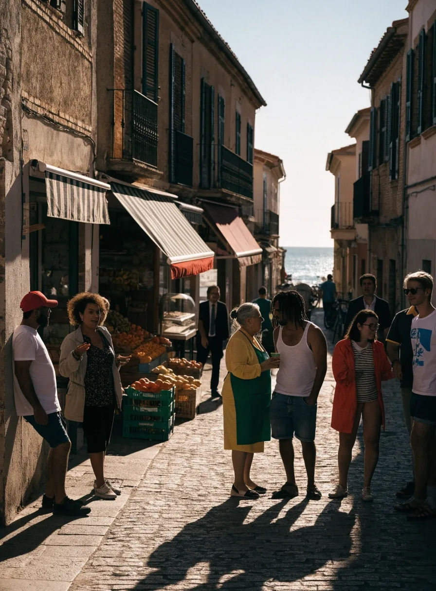 Calle comercial de una ciudad costera española con vecinos de orígenes distintos
