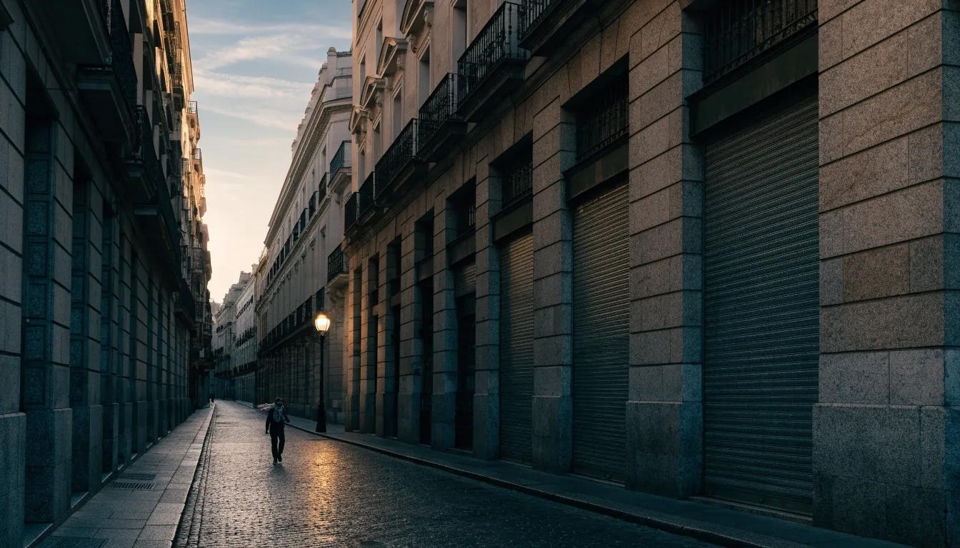 Calle de Preciados en Madrid al amanecer, con fachadas de granito y la calle aún vacía