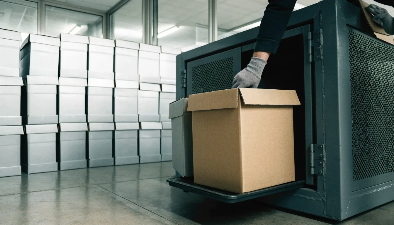 Estanterías con cajas de archivo en un depósito de documentación