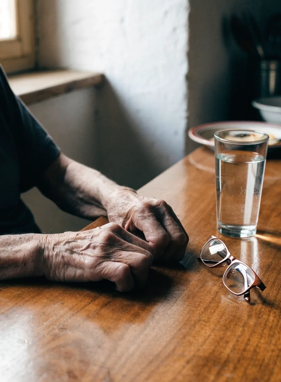 Manos sobre una mesa de madera junto a un ordenador portátil cerrado