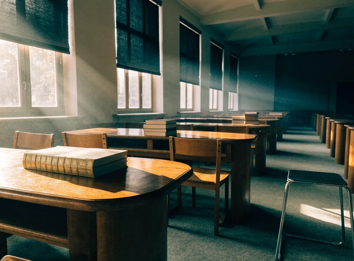 Sala de lectura de un centro de documentación con mesas largas y ventanas altas
