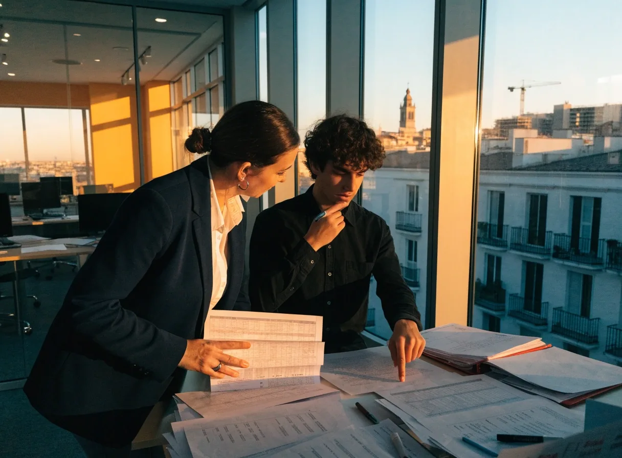 Mesa de trabajo con hojas de cifras y un cuaderno durante una revisión de datos en la redacción