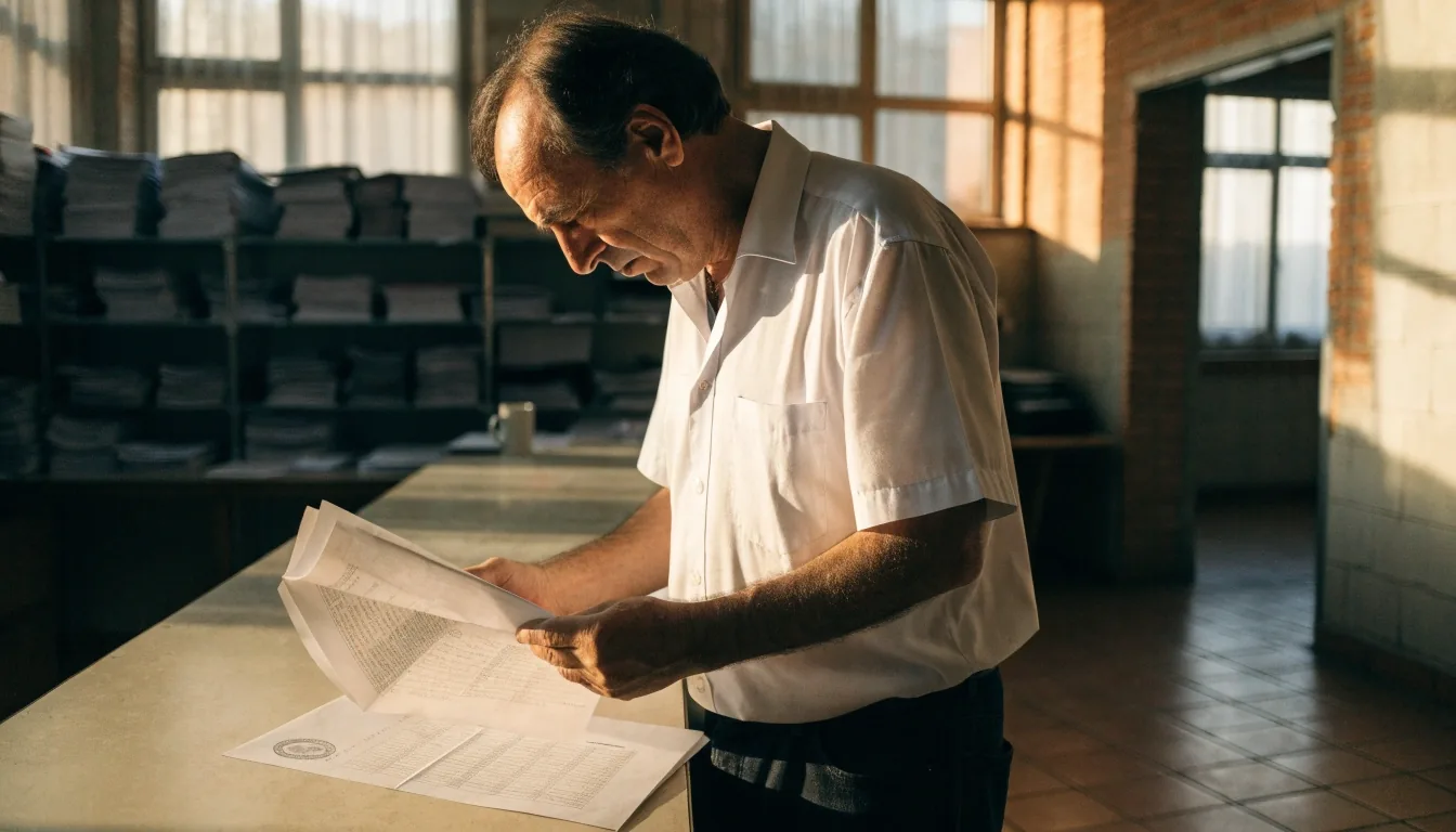 Oficina territorial de estadística, con personal revisando boletines y archivadores junto a una ventana